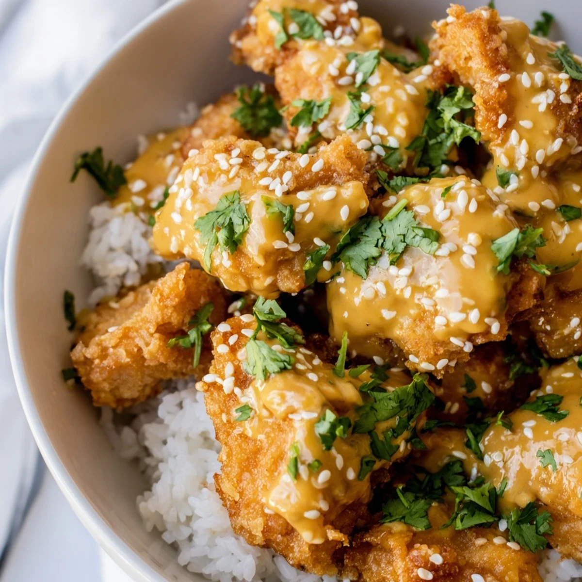Vibrant bowl with crunchy purple cabbage and carrots beside bang bang chicken bowl