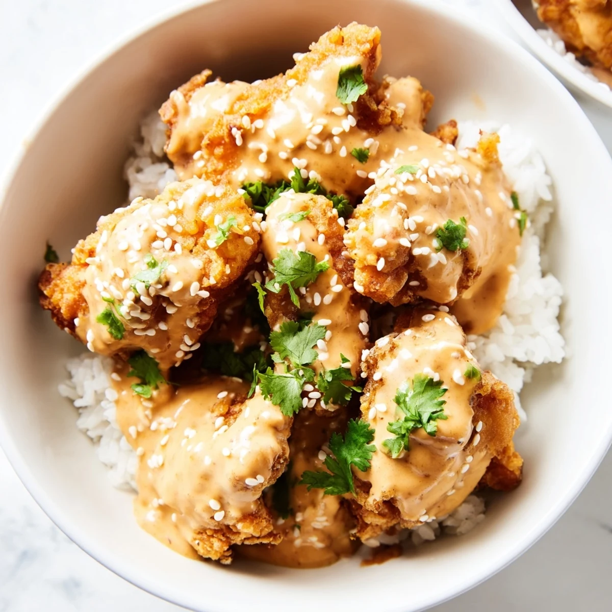 Creamy spicy bang bang sauce coats crispy chicken in this colorful Asian-American bowl