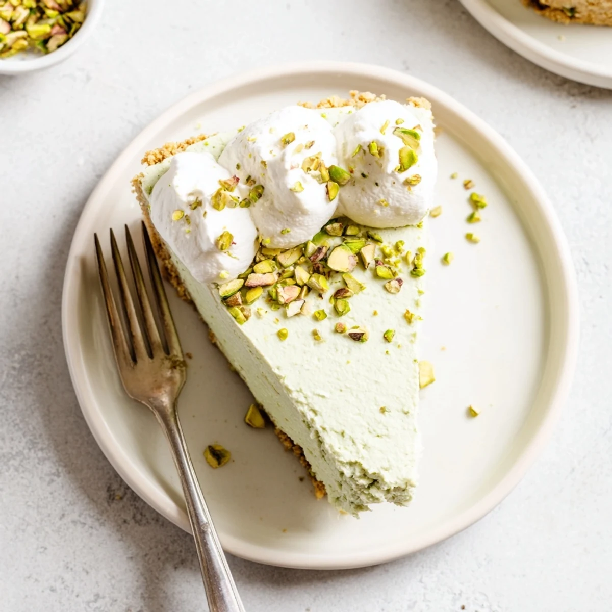 Creamy pistachio cheesecake with whipped cream topping and chopped green nuts sprinkled on top