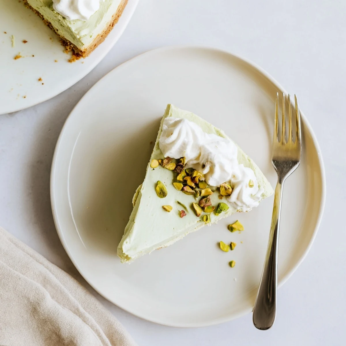 Golden pistachio cheesecake slice showing buttery graham cracker crust and smooth green-speckled filling
