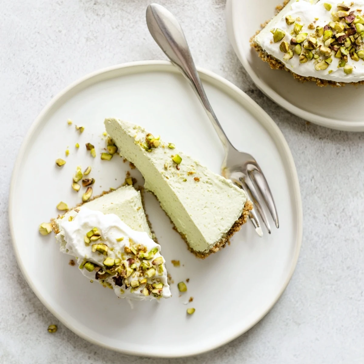 Rich pistachio cheesecake dessert with fluffy cream topping and vibrant nut garnish on white plate