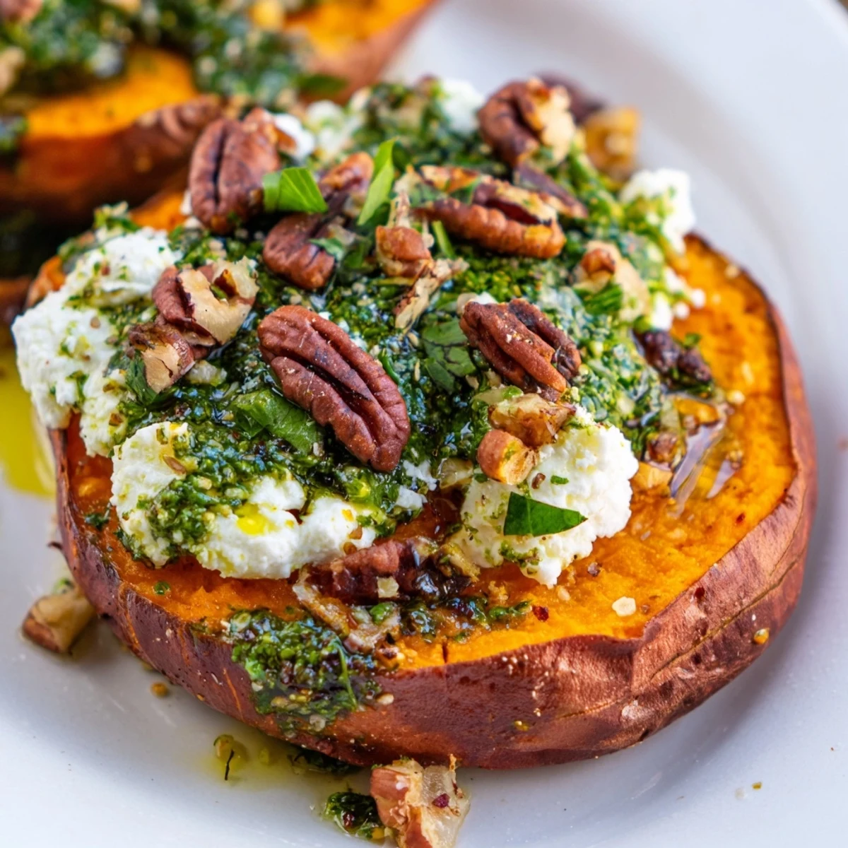 Golden roasted sweet potato crostini topped with crumbled feta, honey drizzle, and fresh herbs