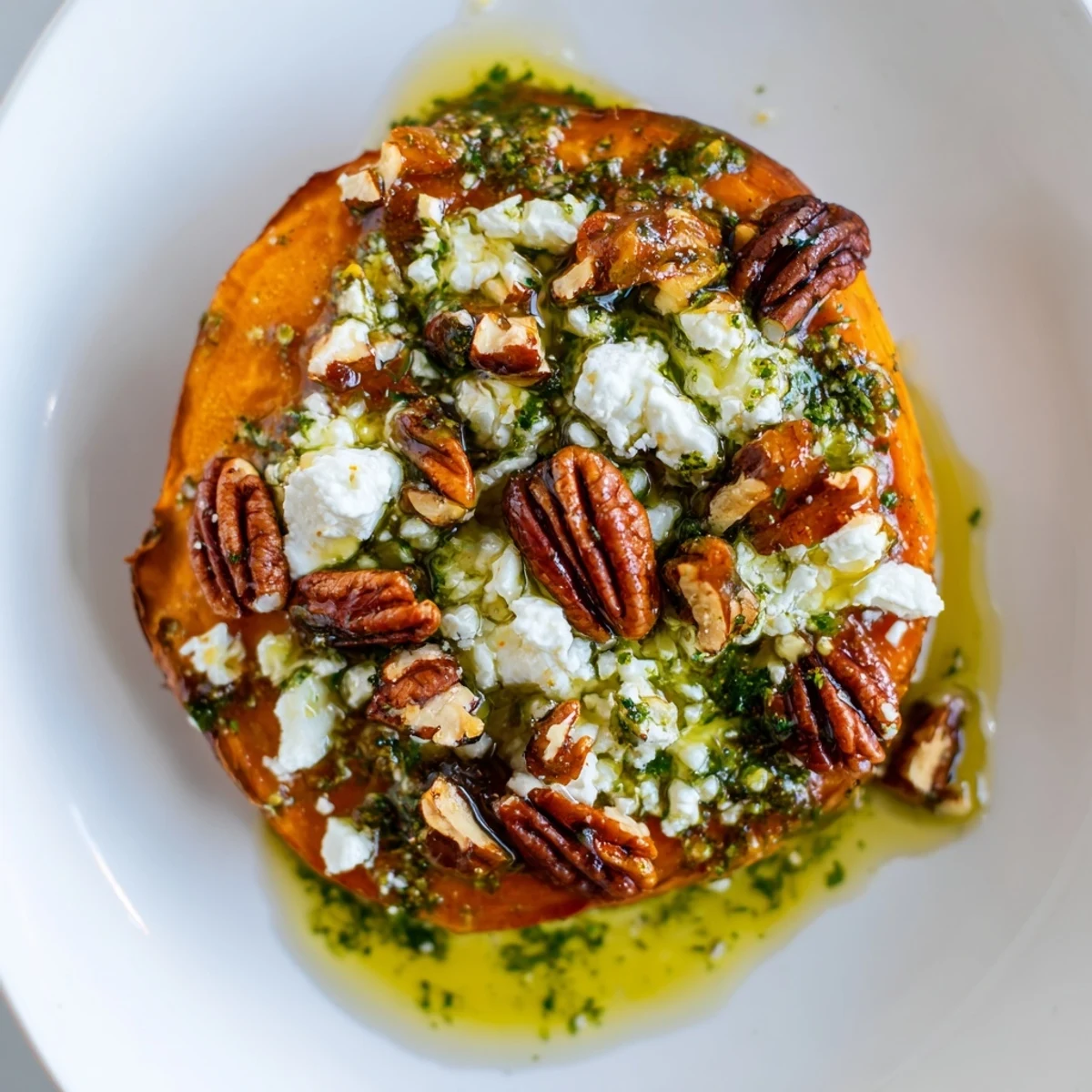Appetizer platter of honey feta sweet potato crostini with vibrant green herb drizzle garnish