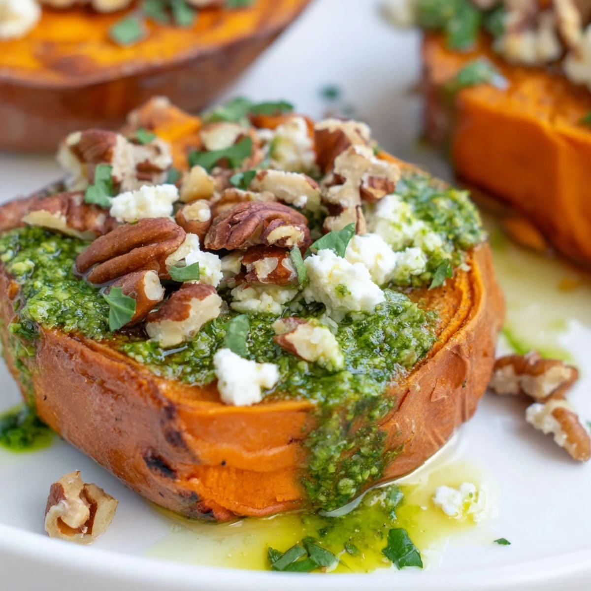 Close-up of sweet potato rounds layered with creamy feta and honey herb drizzle topping