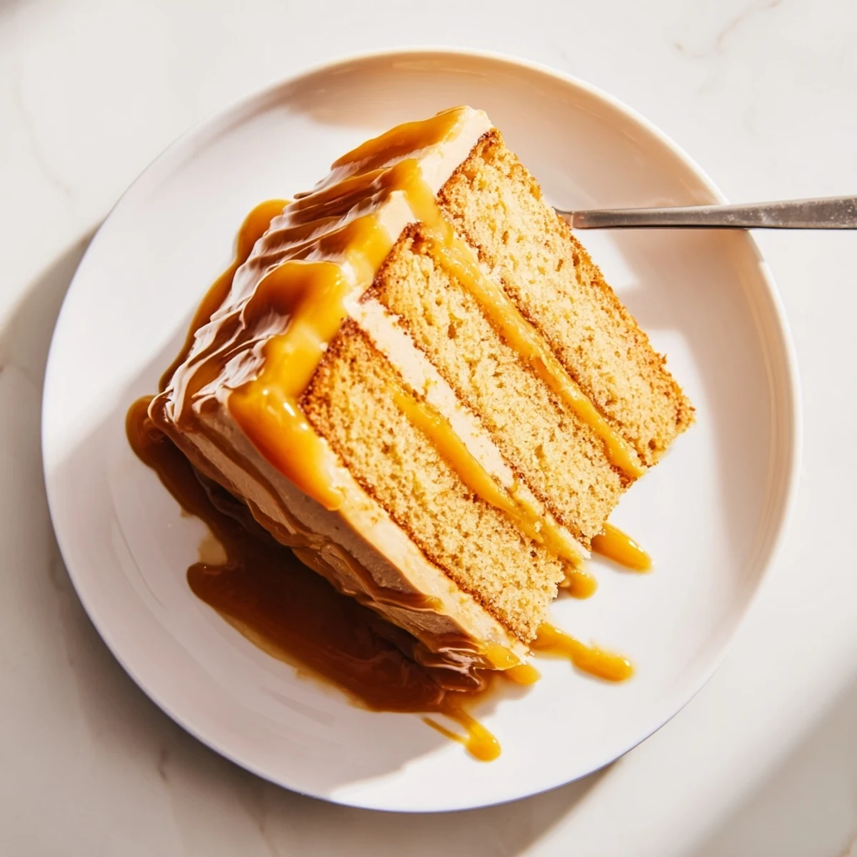 Golden caramel cake layered with silky buttercream frosting and glossy caramel drizzle