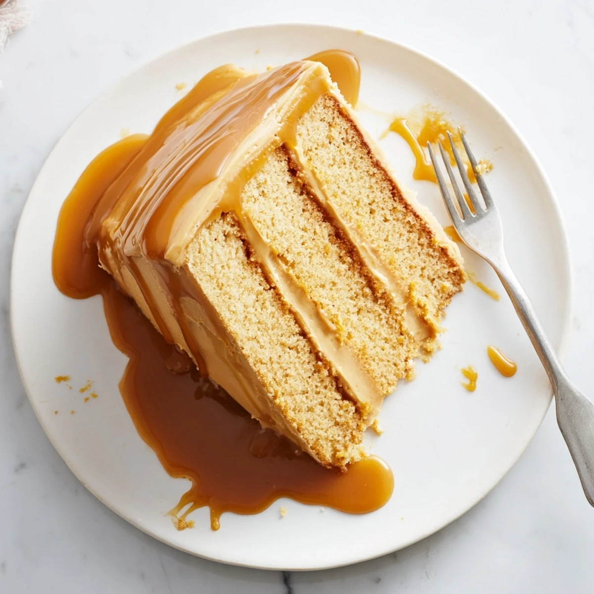 Rich caramel cake slice with smooth butter frosting and sticky amber topping