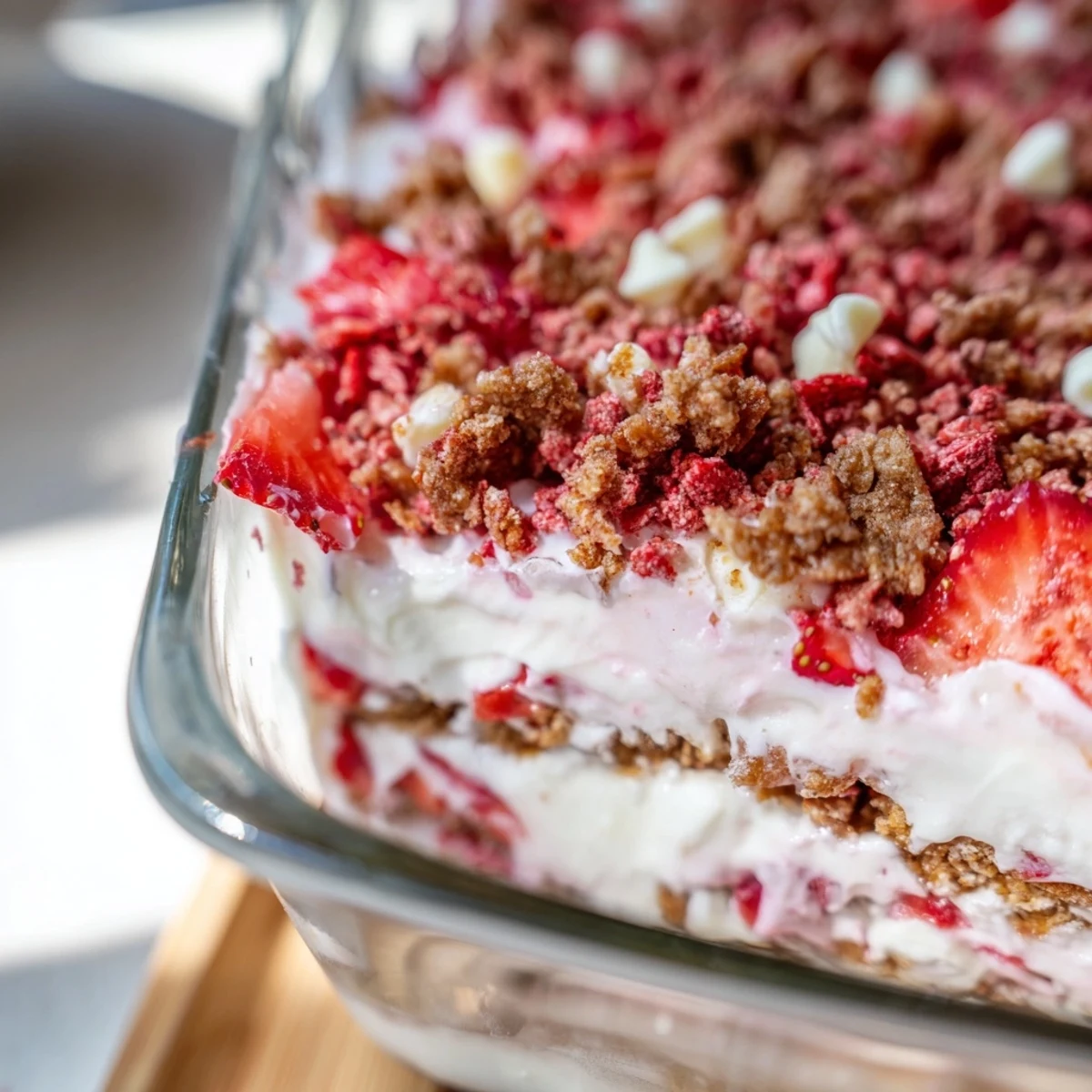 Golden strawberry cheesecake crunch slice topped with fresh berries and crispy graham crumble