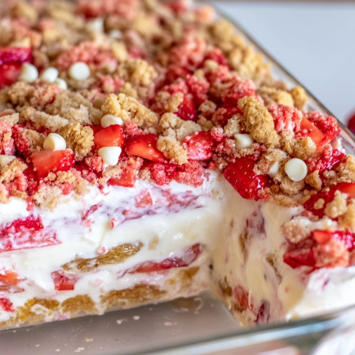 Layered glass dessert showcasing creamy cheesecake with juicy strawberries and sweet crumble topping