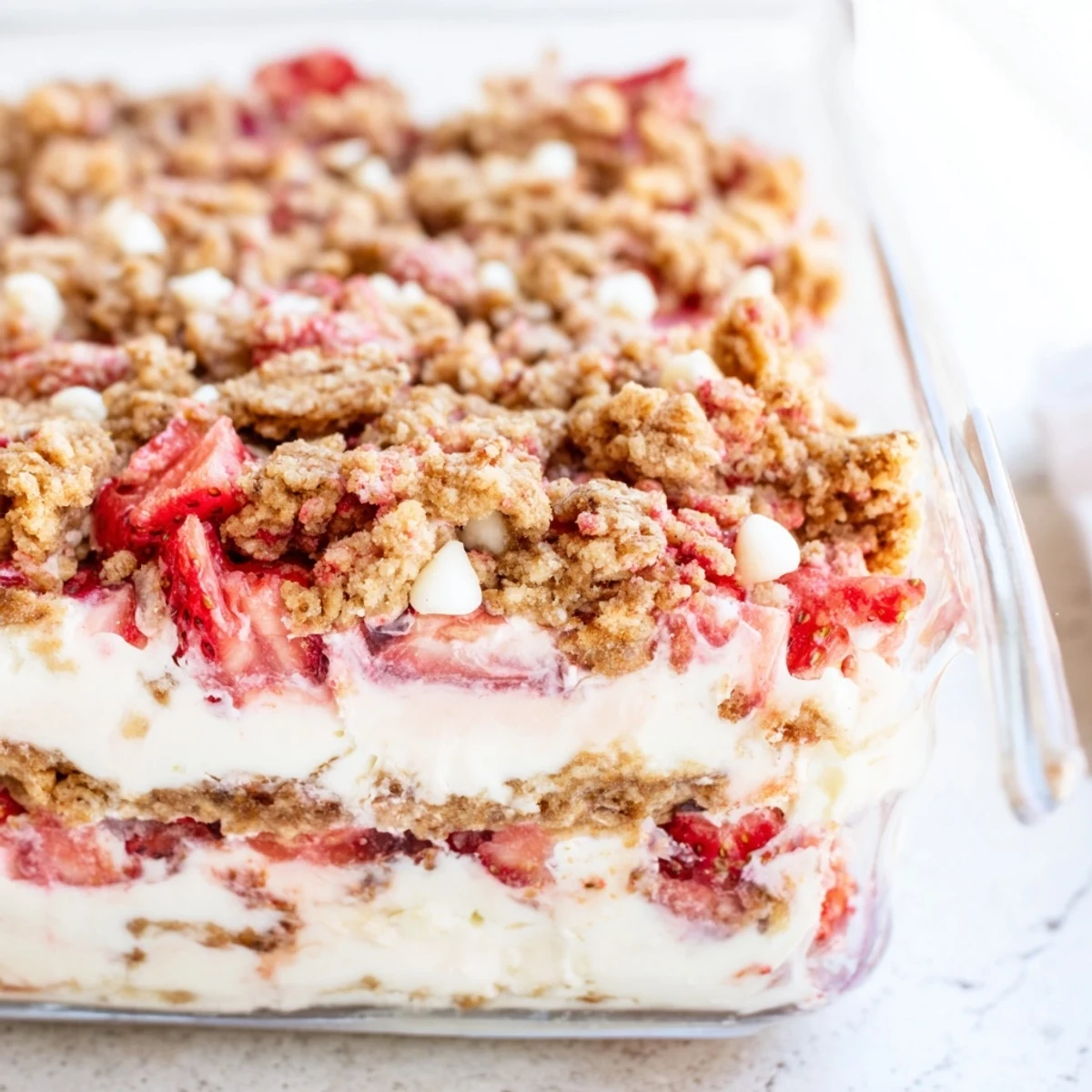 Close-up of strawberry cheesecake crunch with whipped cream and baked strawberry graham topping