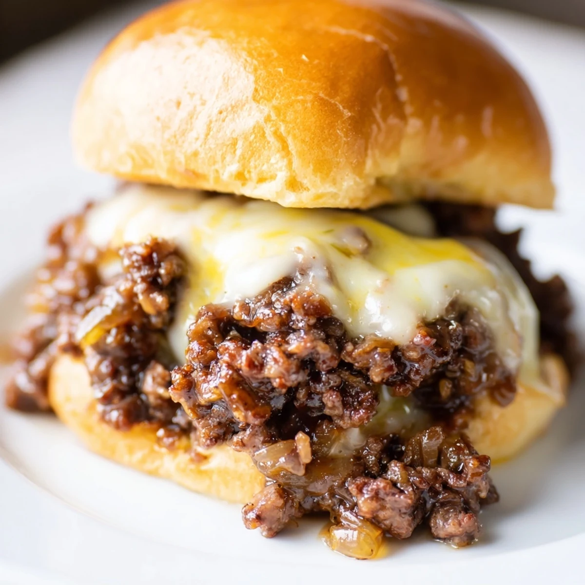 Golden caramelized onions and savory ground beef piled on toasted buns with melted provolone cheese for French Onion Beef Sloppy Joes
