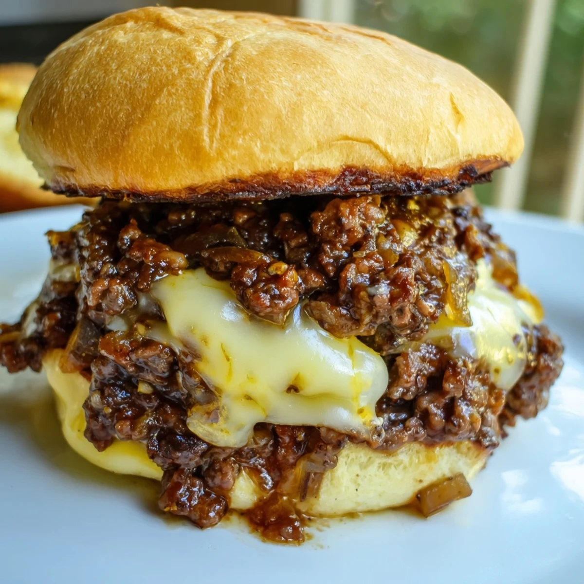 Hearty French Onion Beef Sloppy Joes sandwich featuring rich beef onion mixture topped with bubbling Swiss cheese on soft hamburger buns
