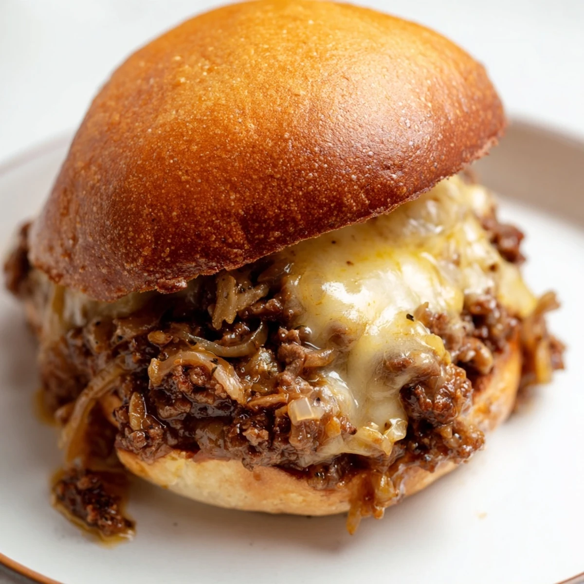 Savory French Onion Beef Sloppy Joes with caramelized onion beef filling and melted cheese slice on a warm toasted bun