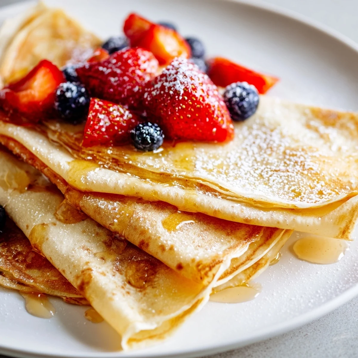 Golden honey drizzled over warm, delicate French crepes stacked on a white plate