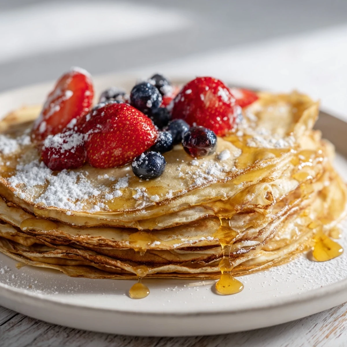 Stack of thin, lacy crepes topped with amber honey and fresh red berries