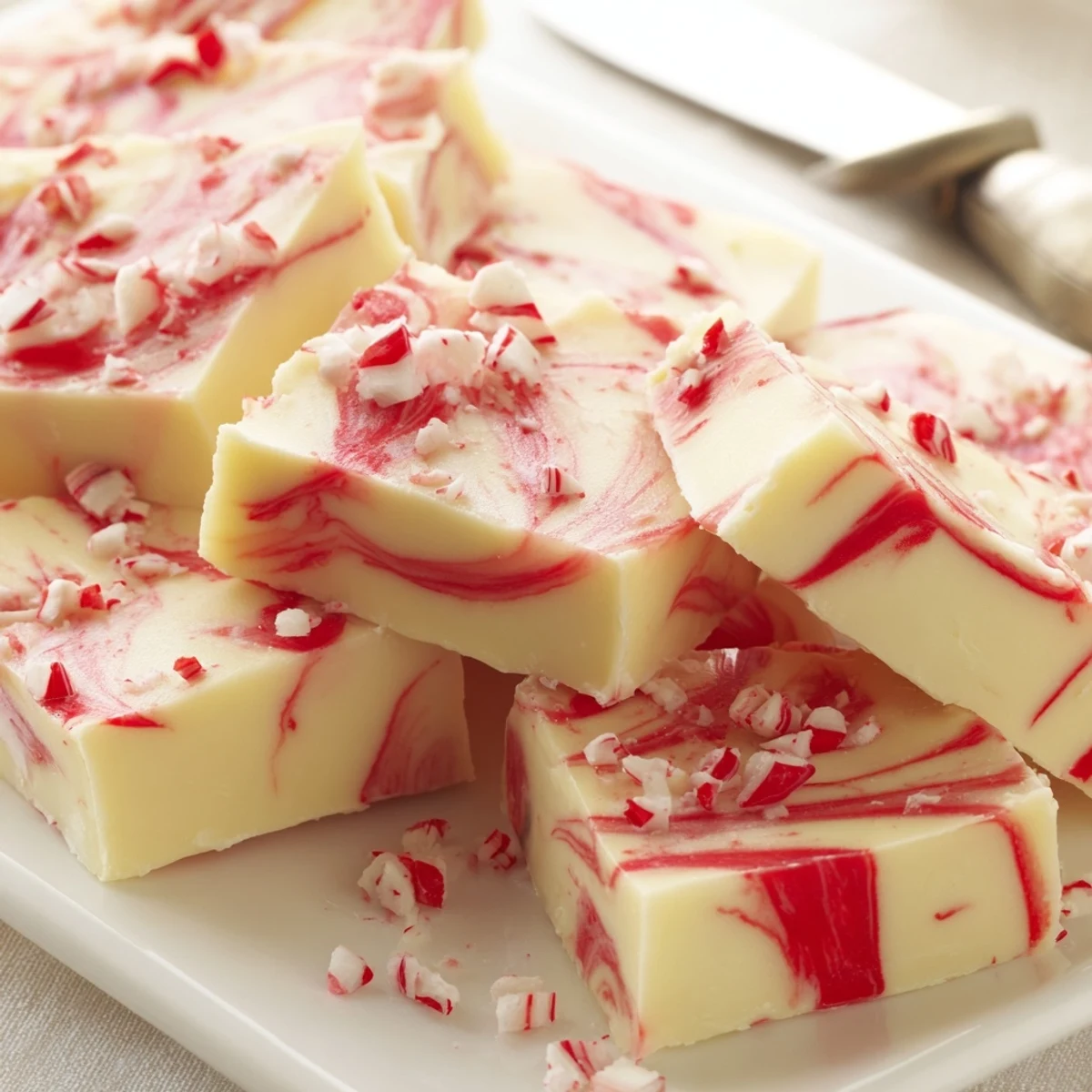 White chocolate peppermint swirl fudge displaying a beautiful red and white marble pattern on a serving plate