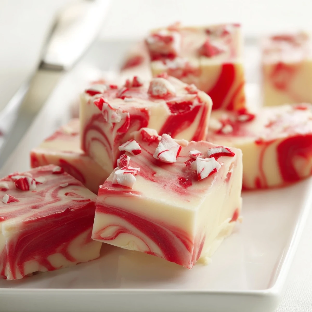 Creamy peppermint swirl fudge squares topped with crushed candy cane pieces for a festive holiday dessert