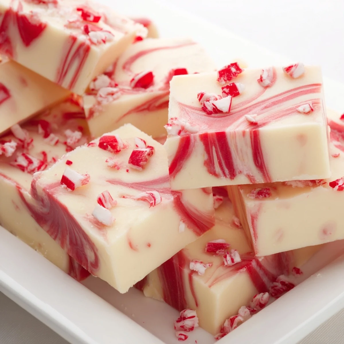 Homemade peppermint swirl fudge with rich chocolate layers and sparkling peppermint candy garnish on a wooden board