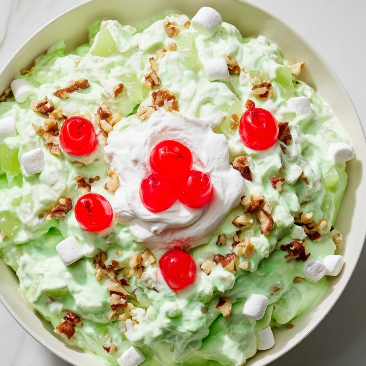 Creamy vintage Watergate Salad recipe with fluffy whipped topping and bright green pistachio pudding speckled with colorful marshmallows