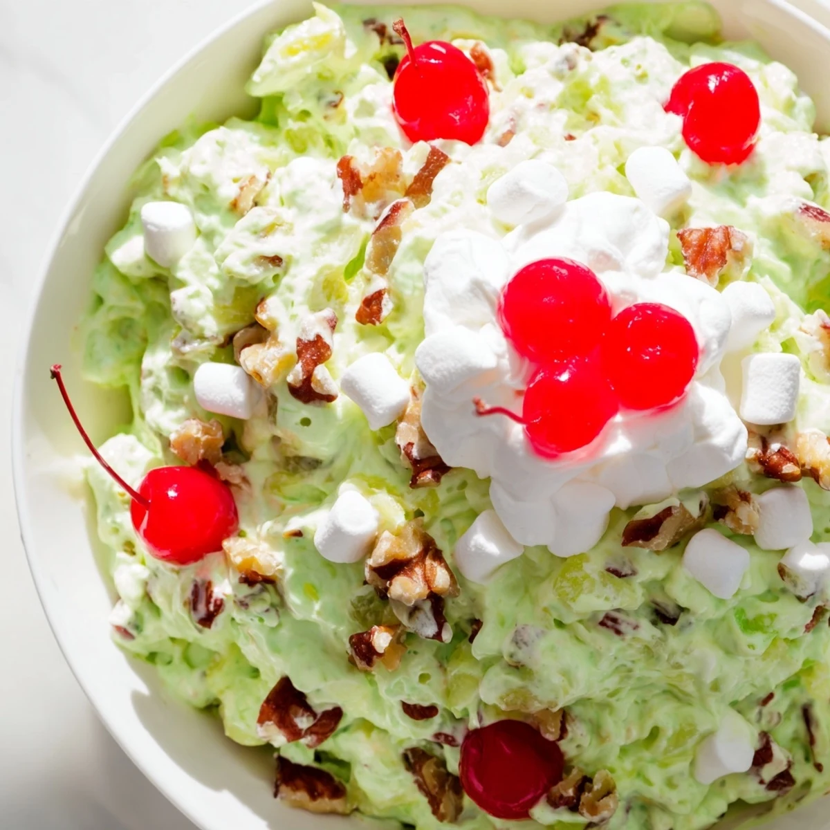 Retro Watergate Salad dessert served in a glass bowl, topped with maraschino cherries and chopped walnuts for holiday gatherings