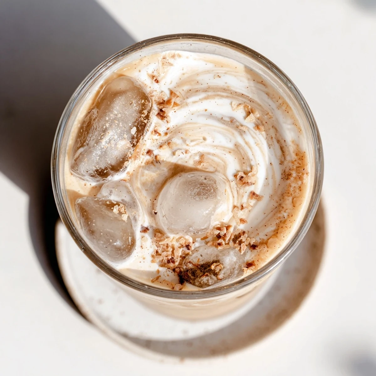 Golden roasted almond milk drink in tall glass with vanilla cream swirl topping