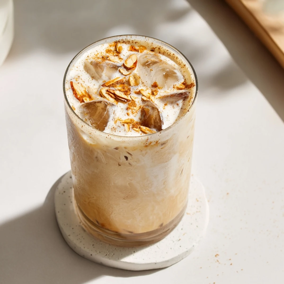 Creamy roasted almond milk beverage served over ice with golden almond slivers garnish