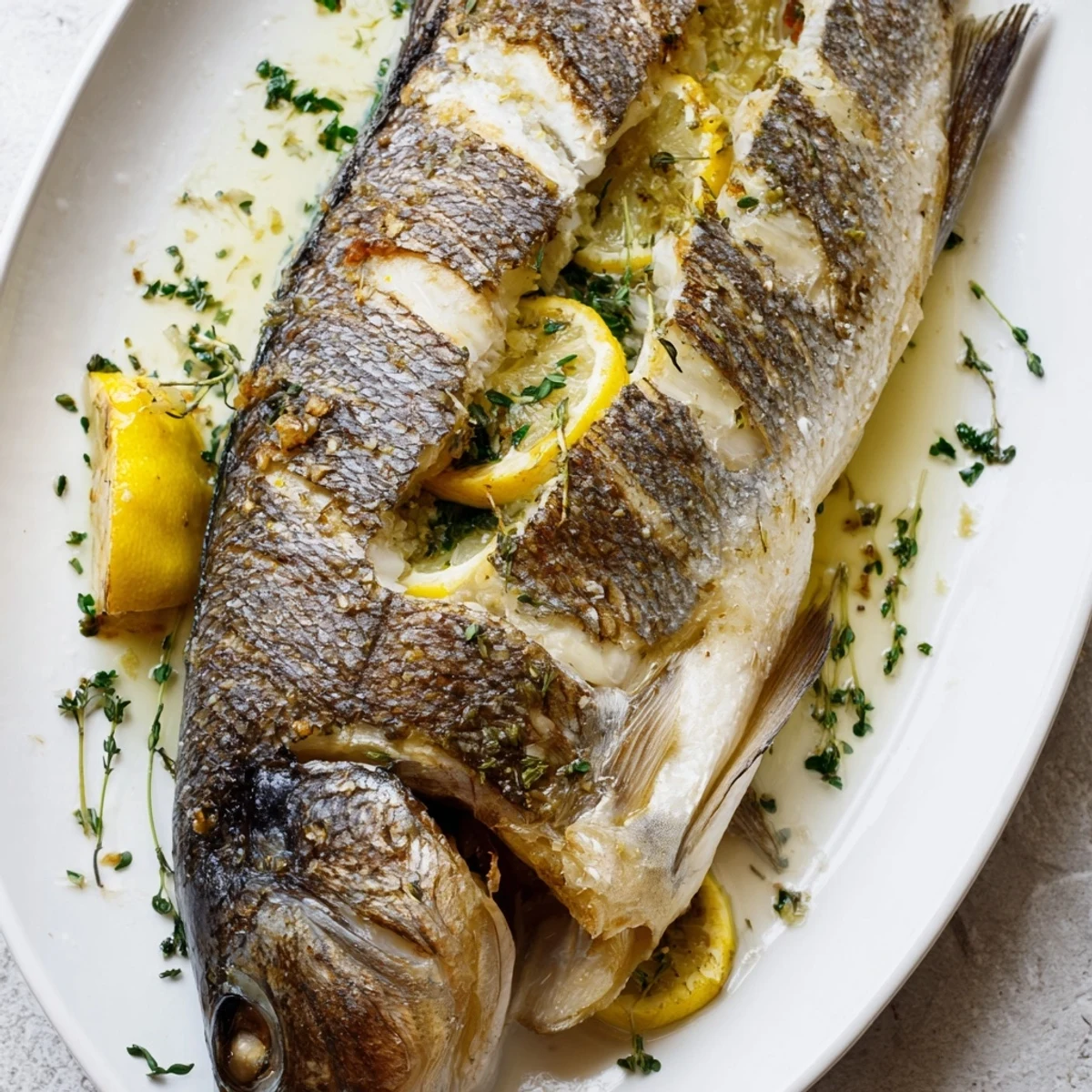 Mediterranean style whole roasted fish featuring beautifully crisped skin, aromatic herbs, and bright citrus slices for an impressive dinner presentation