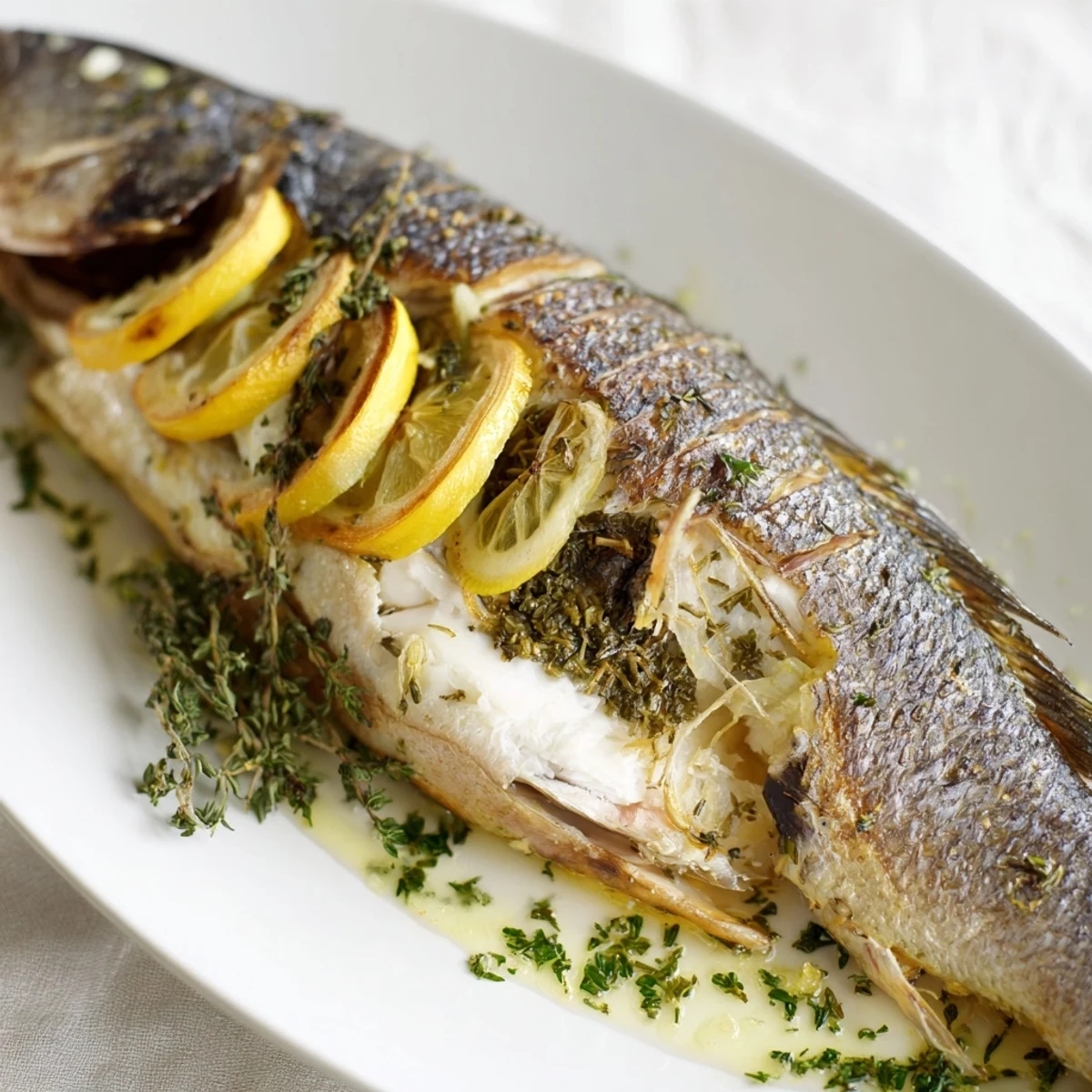 Golden brown whole roasted fish with crispy skin garnished with fresh parsley and lemon wedges on a serving platter