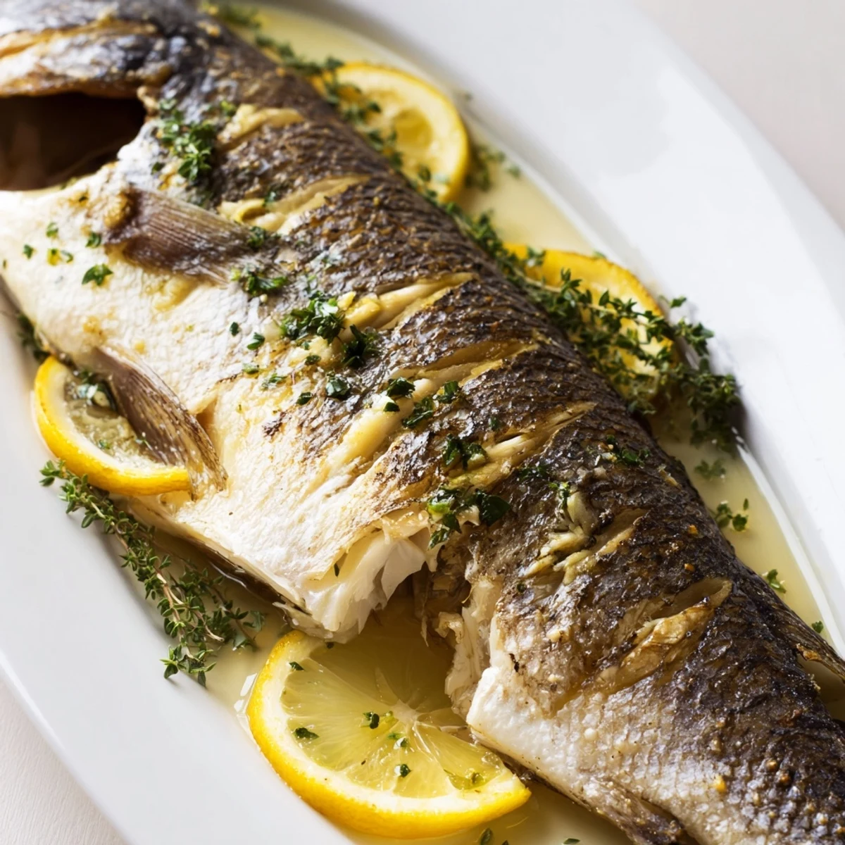 Whole roasted fish with perfectly crispy golden skin, stuffed with lemon and fresh herbs, ready to serve with wedges