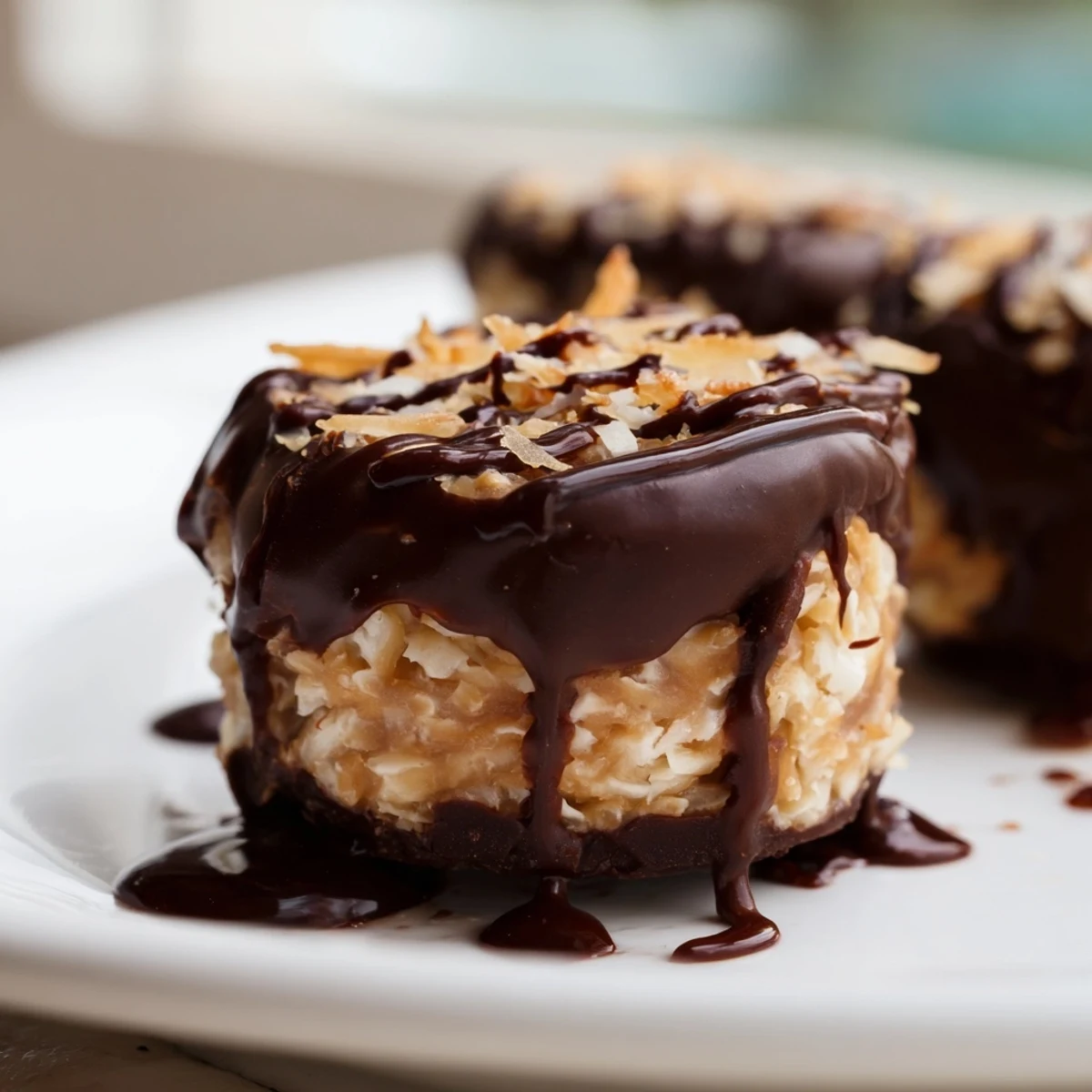 Close-up of No Bake Samoa Bites with rich caramel layer and chocolate drizzle