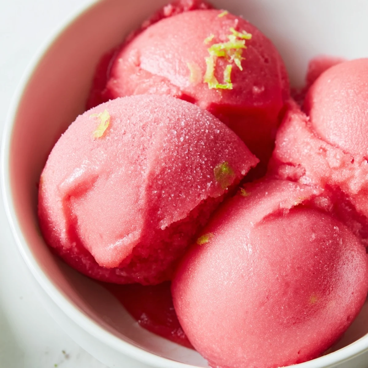 Refreshing pink watermelon sorbet served in chilled bowls with fresh mint garnish on a hot summer day