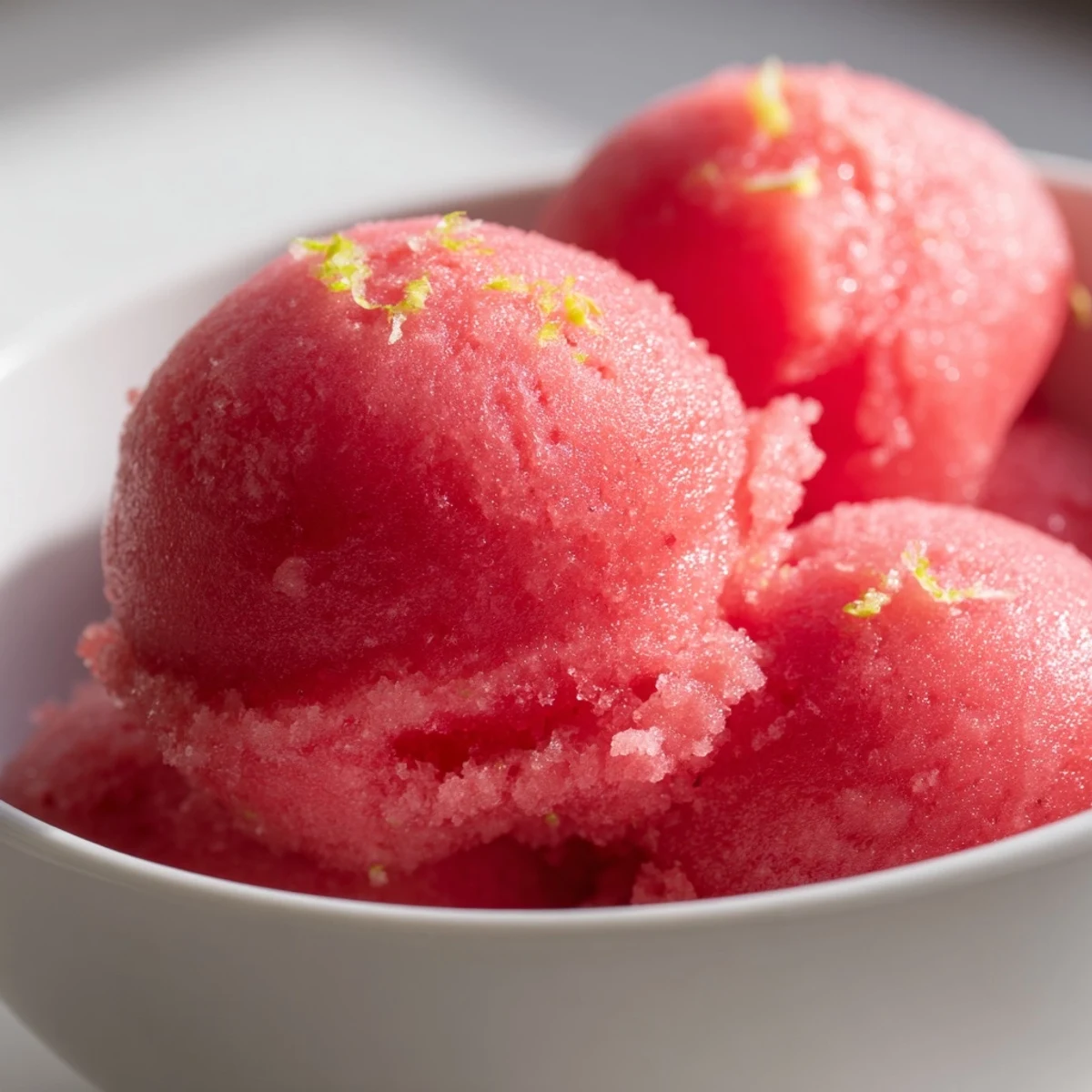 Creamy scoop of vibrant watermelon sorbet melting into a decorative glass dessert dish with lime zest on top