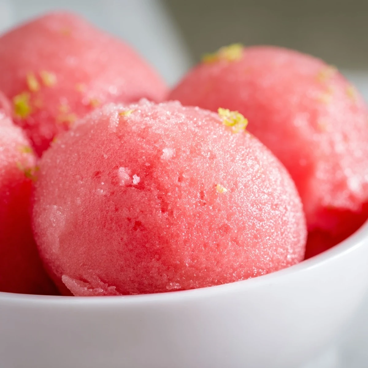 Homemade watermelon sorbet with smooth pink texture and fluffy ice crystals scooped into white serving bowls