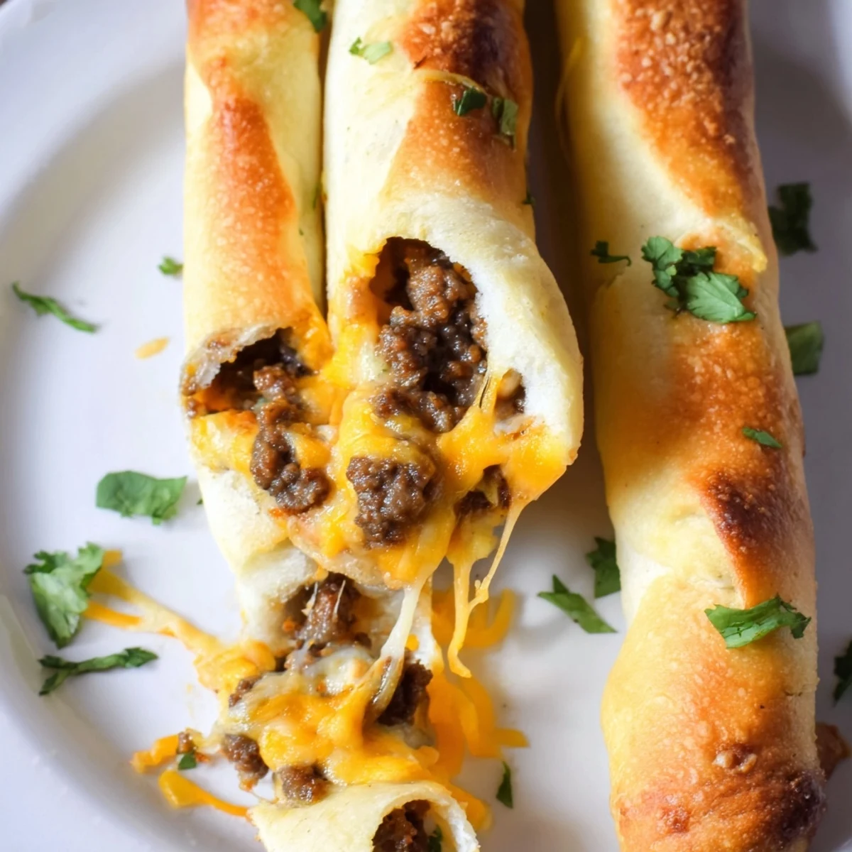 Golden Cheesy Taco Sticks recipe with seasoned beef and melted cheese oozing from warm bread