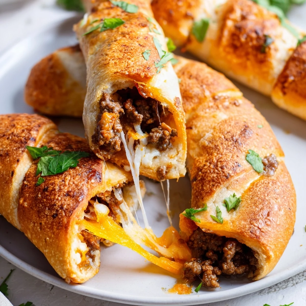 Baked Cheesy Taco Sticks recipe featuring flaky dough wrapped around spiced ground beef and shredded cheddar