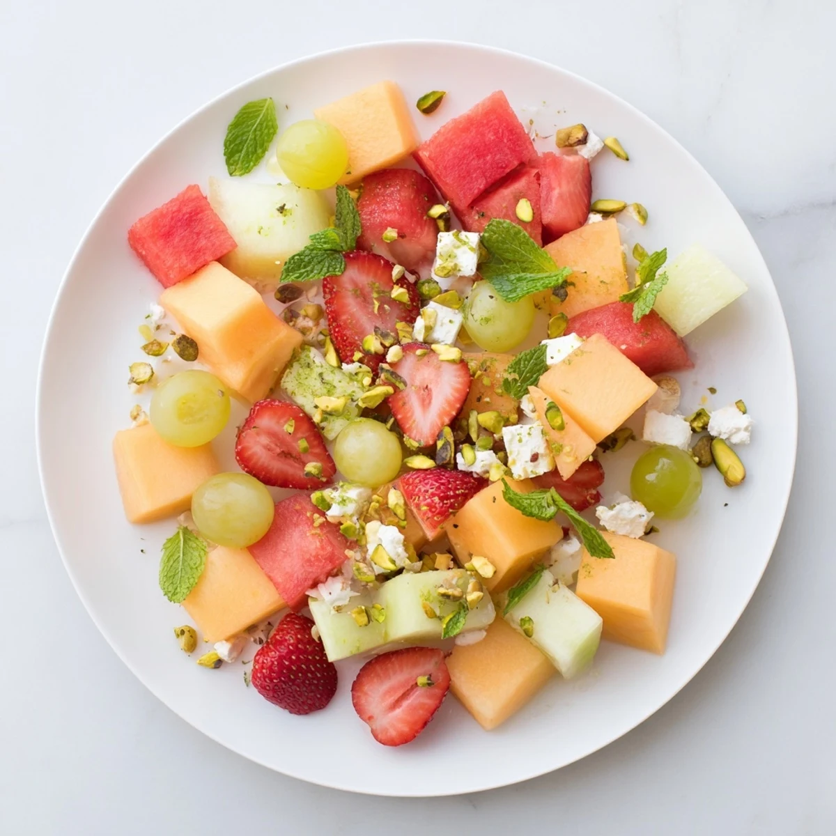 Colorful summer fruit salad bowl with watermelon, cantaloupe, strawberries, honeydew, grapes, feta, and fresh mint