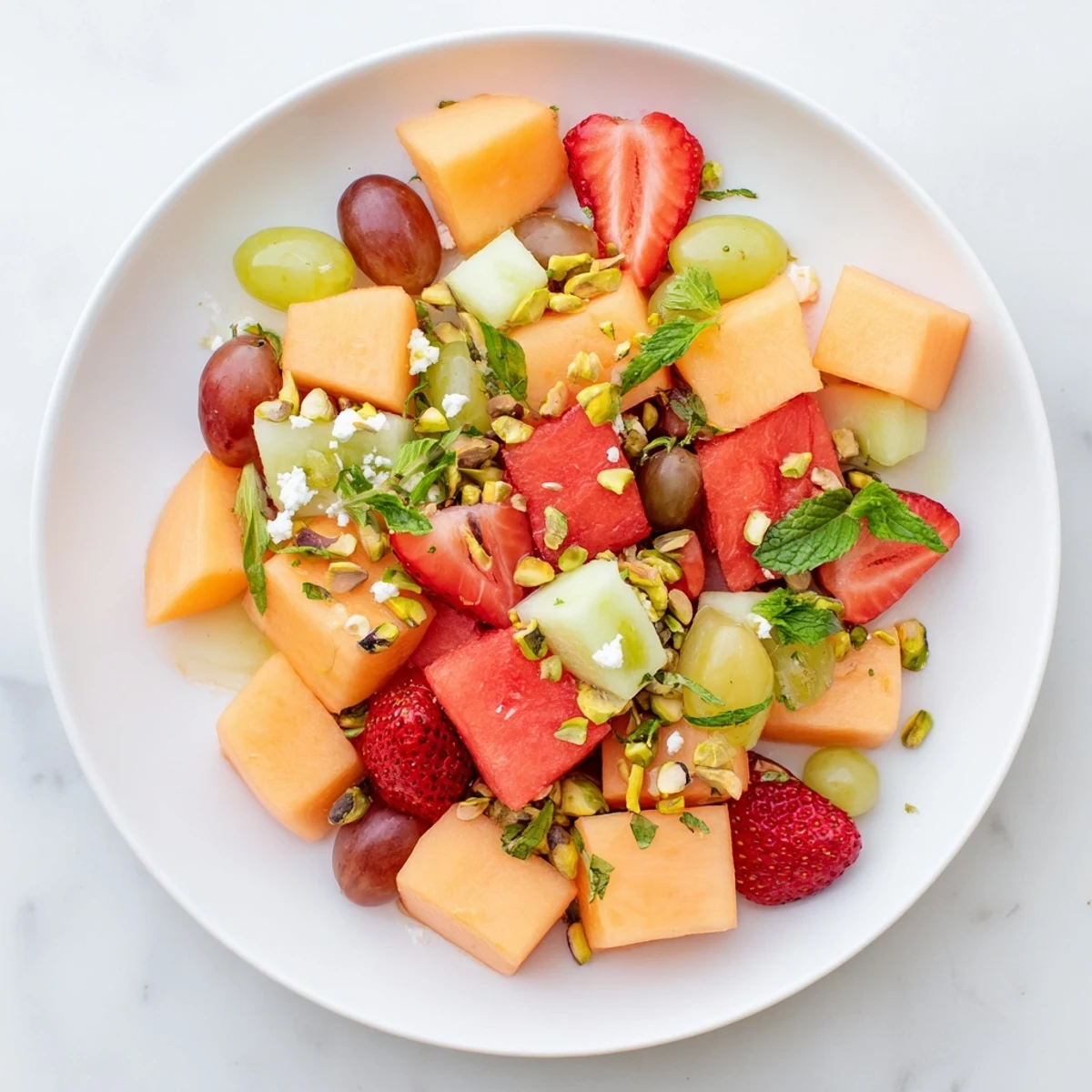 Refreshing summer fruit salad featuring melons, berries, creamy feta cheese, toasted nuts, and herb garnish