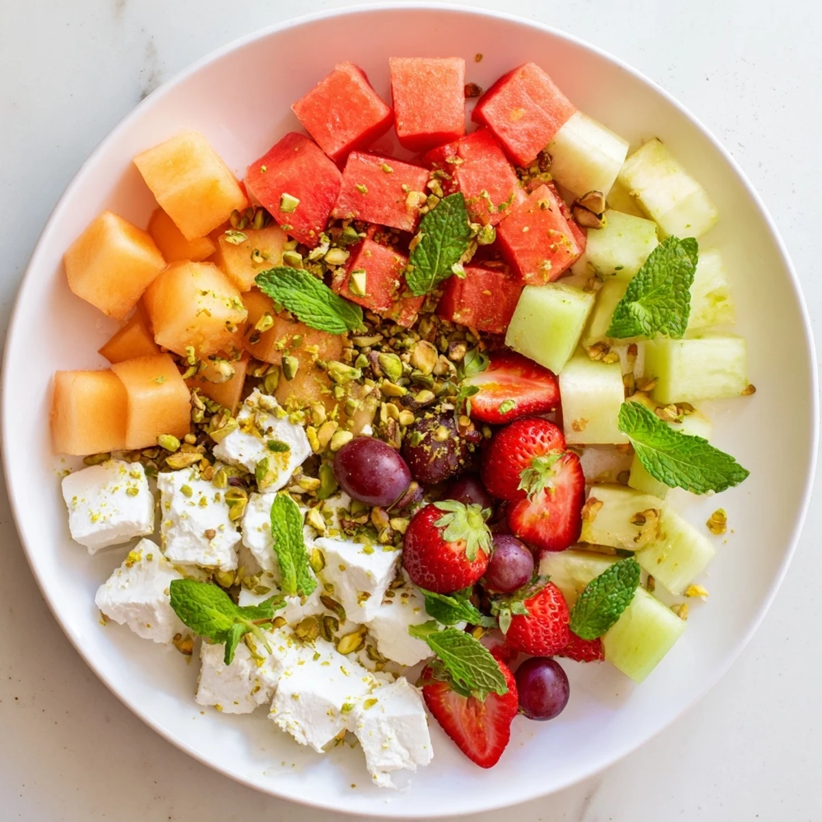 Vibrant bowl of chilled summer fruit salad with cubed melons, grapes, strawberries, feta, and fresh herbs