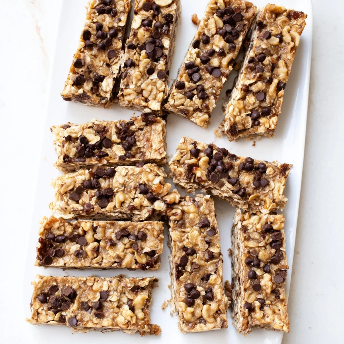 Chewy wholesome banana oat bars sliced into squares with ripe banana flecks and toasted walnuts on top