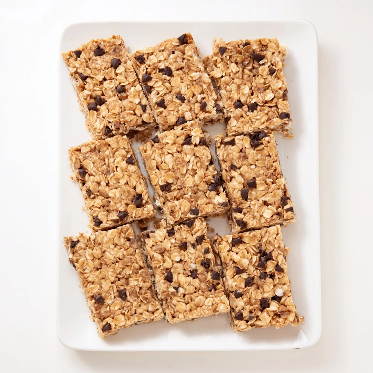 Golden homemade banana oat bars fresh from the oven with visible oat texture and scattered chocolate chips