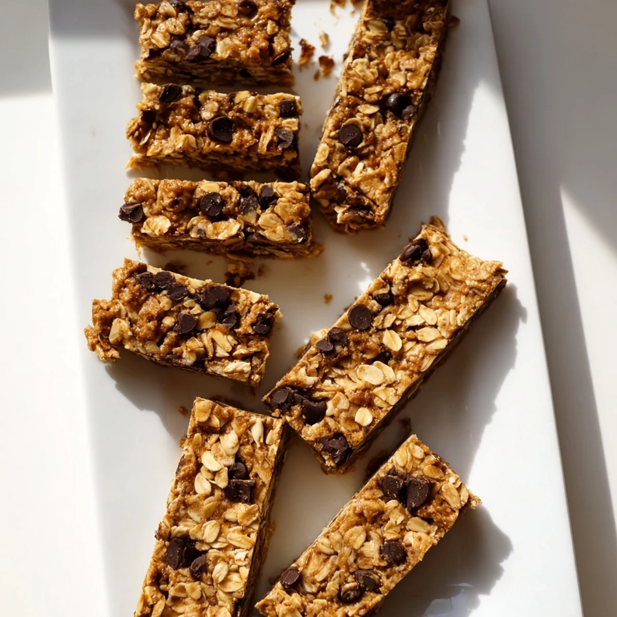 Soft baked banana oat bars on a wooden board with cinnamon dusted edges and melted chocolate pools