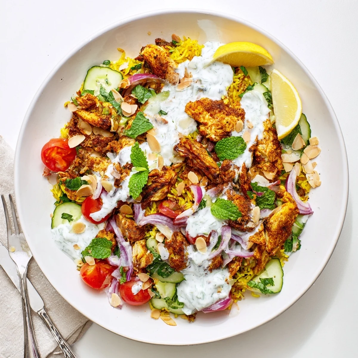 Golden spiced chicken shawarma slices arranged over crispy rice with colorful fresh vegetables