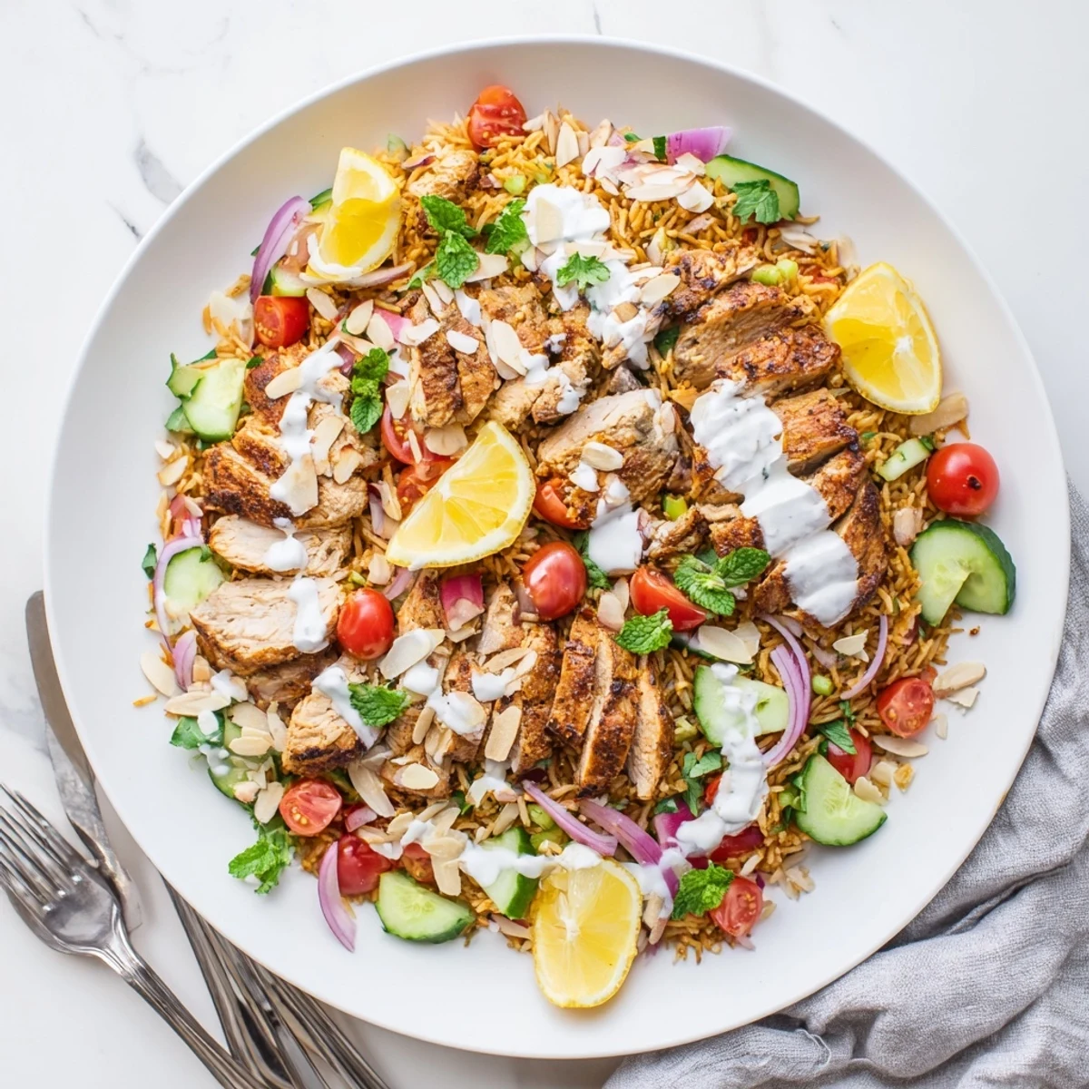 Vibrant chicken shawarma crispy rice salad topped with zesty yogurt dressing and toasted nuts