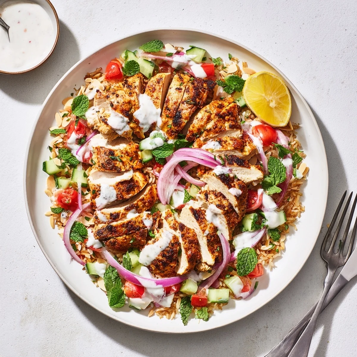 Middle Eastern fusion bowl featuring marinated chicken, crunchy golden rice, and crisp garden vegetables
