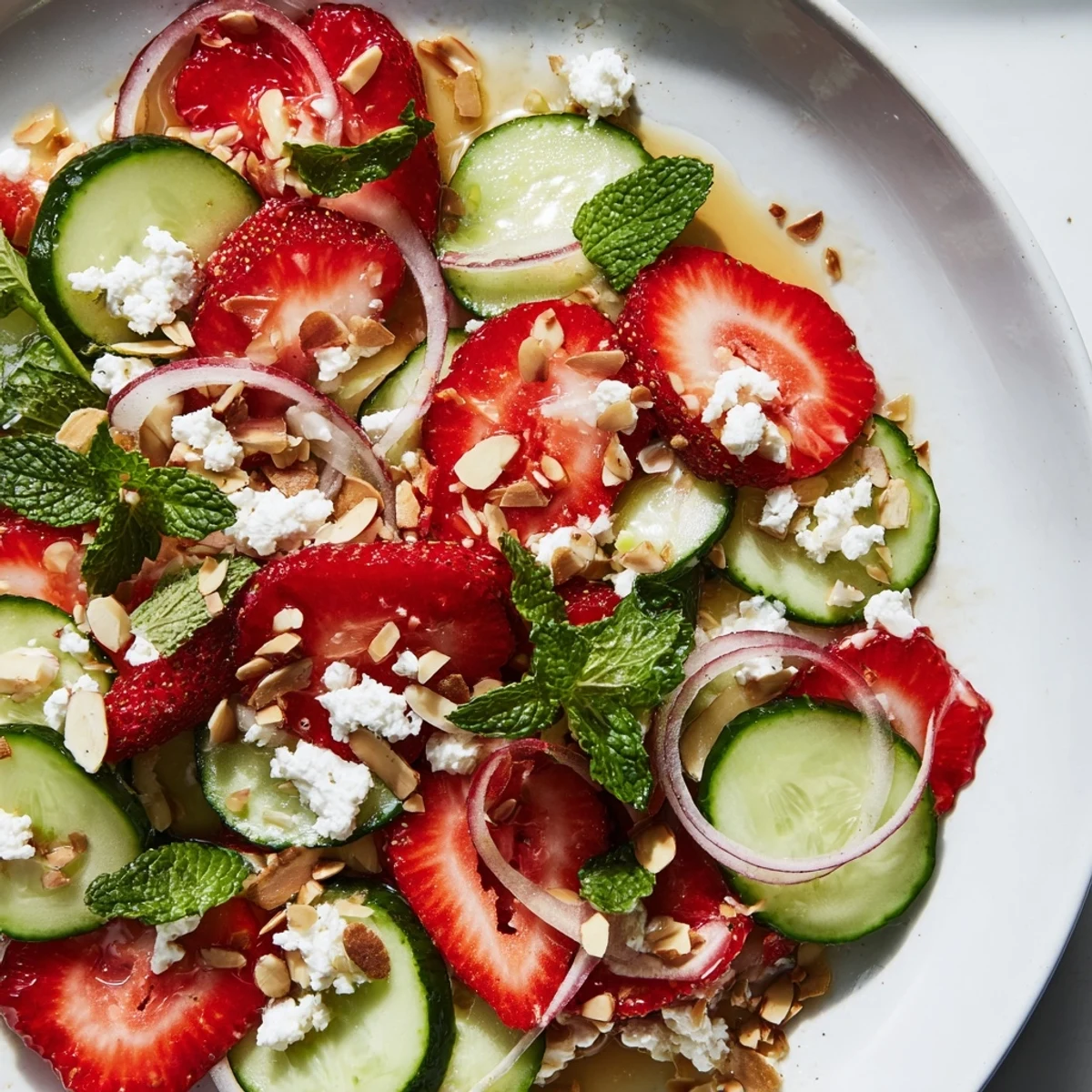 Fresh strawberry cucumber salad tossed in citrus honey dressing with mint leaves