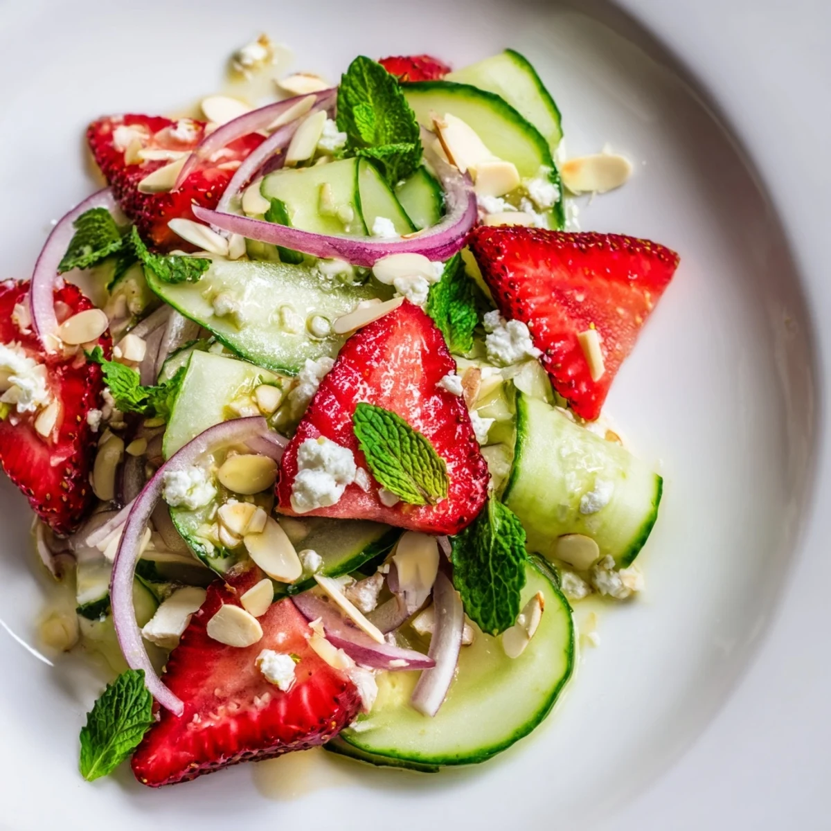 Colorful strawberry cucumber salad garnished with red onion fresh mint and citrus dressing
