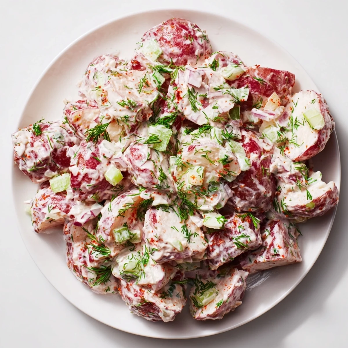 Creamy red potato salad with tender potatoes, crisp celery, and fresh herbs in a bowl