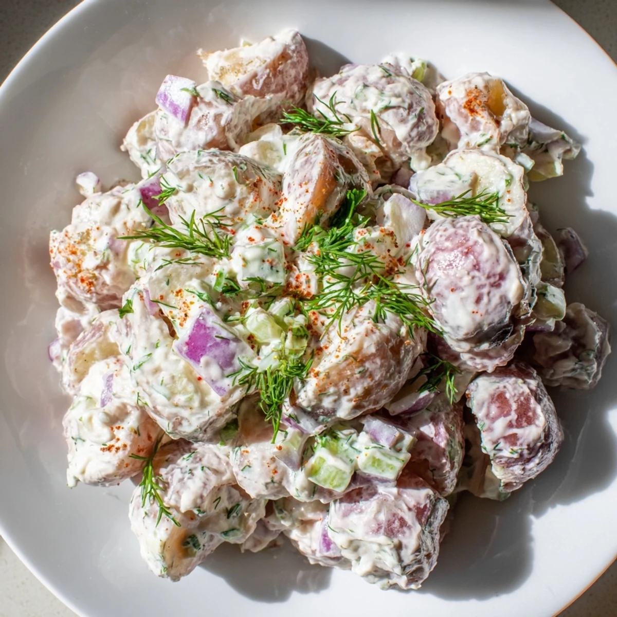 Colorful red potato salad featuring diced vegetables and creamy dressing, garnished with parsley