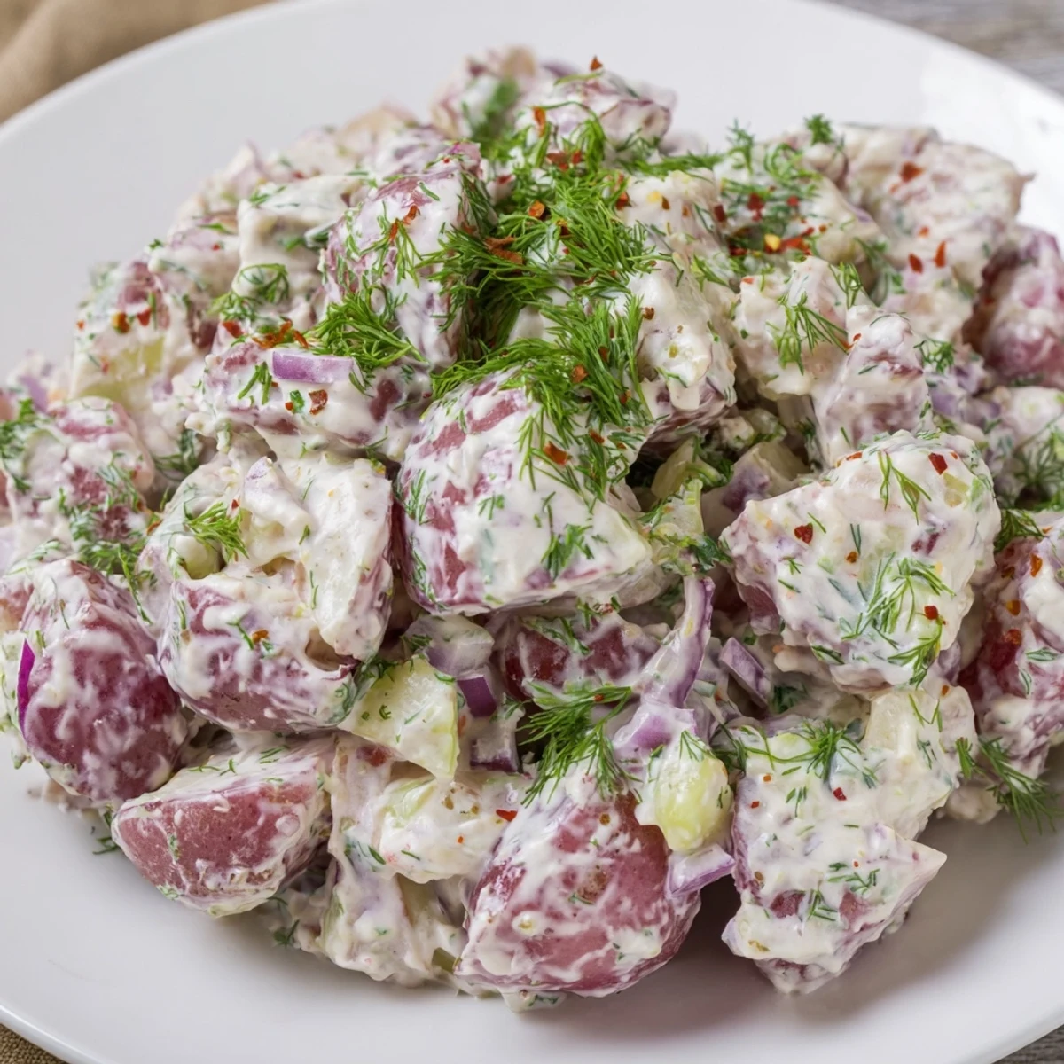 Homemade red potato salad loaded with red onions and dill, perfect for summer picnics