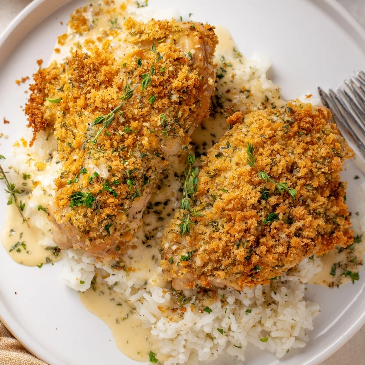 Steaming, crispy Golden Herb Crusted Chicken Thighs In Creamy Garlic Sauce With Rice.
