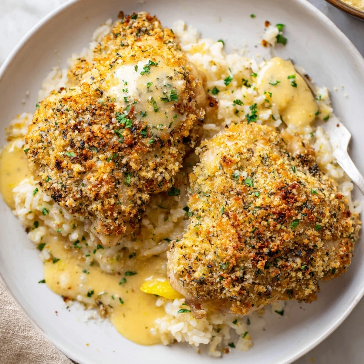 Plated Golden Herb Crusted Chicken Thighs In Creamy Garlic Sauce With Rice, herb-sprinkled.